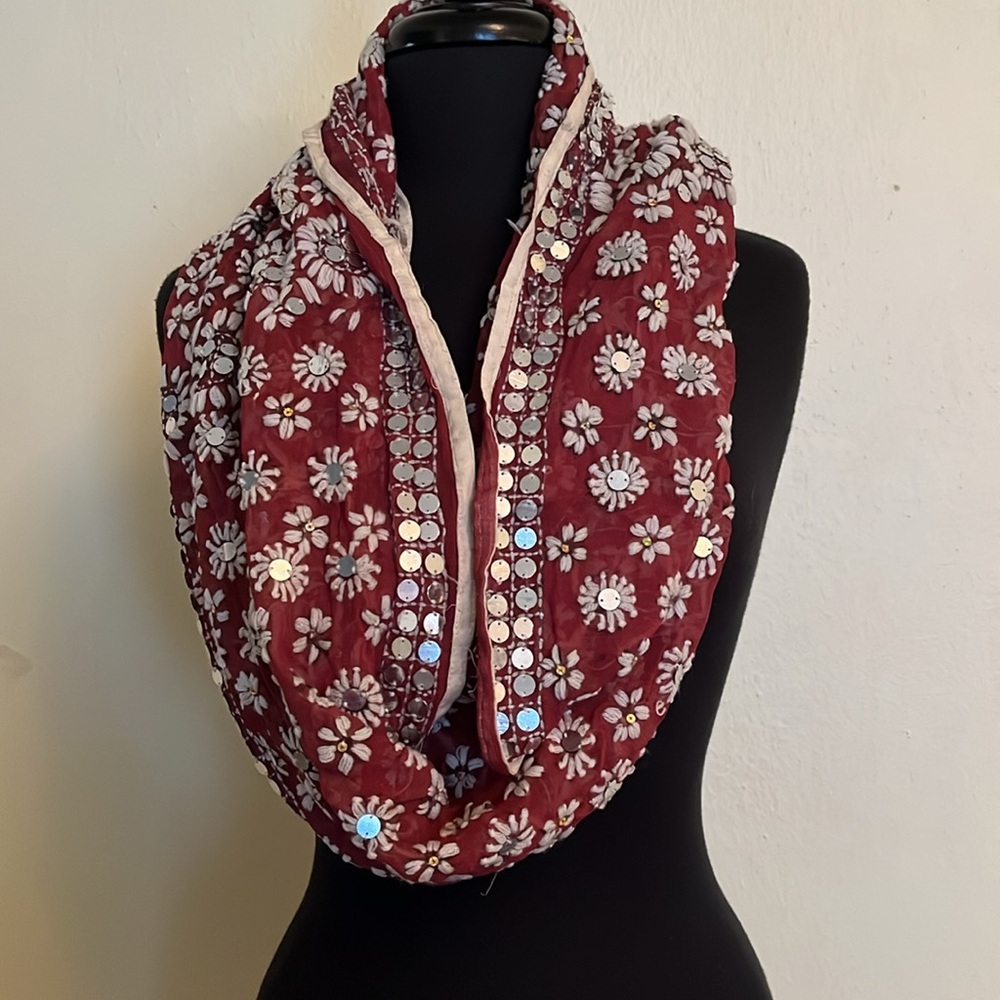Anthropologie, Raj 100% embroidered silk with sequins, infinity scarf